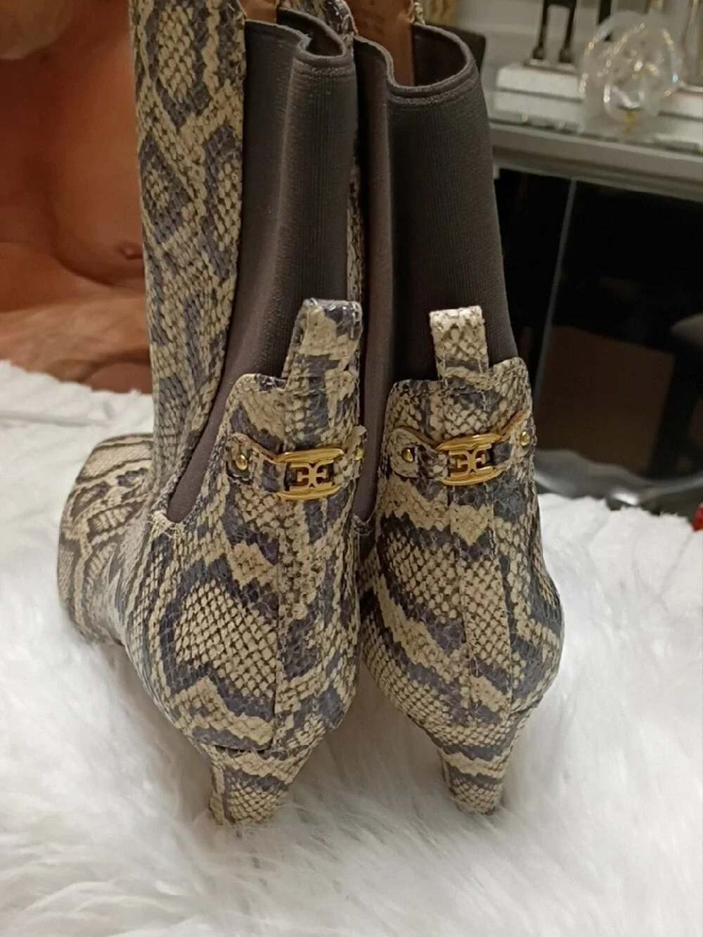 New Sam Edelman Margo Leather Snake-Print Chelsea Ankle Boots in Beige and Black